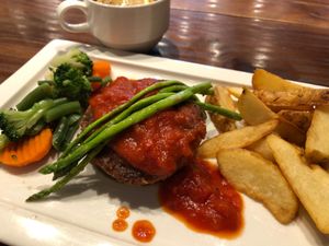 Beyond Burger Steak with portabello, mixed veggie and potato wedges at Kool Studio Kitchen in Kowloon