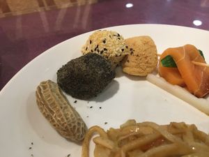 peanut and sesame mochi, boiled peanuts and a vegan sashimi at LianChi Ge in Taipei
