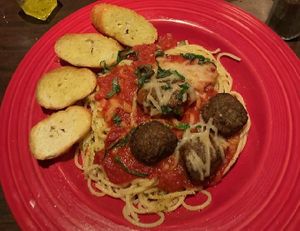 Vegan spaghetti, fresh marinara and Gardein balls.  I added fresh garlic in oil to those little bread pieces. SO GOOD at Guido's Pizza in Billings