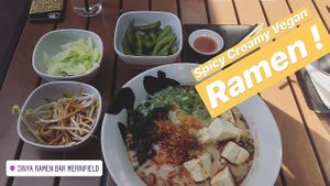 Spicy Creamy Vegan Ramen + toppings & Edamame  at JINYA Ramen Bar in Fairfax