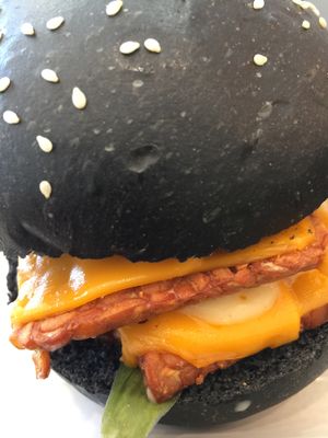 Triple cheese burger with tempeh at Ubuntu Vegan Cafe in Hawthorn