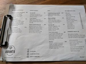 Menu at Ubuntu Vegan Cafe in Hawthorn