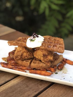 Big Buttermilk Chicken Bacon & Waffle Platter $22 at Ubuntu Vegan Cafe in Hawthorn