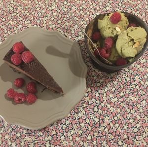 Raw vegan chocolate cake and raw vegan avocado ice cream  at Twelve Tables in Yerevan