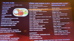 list of the vegan choices. at Jyvaskylan Kebab in Jyvaskyla