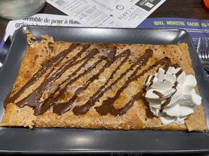 There was no eggless sweet crepe on their menu, but they made one for us from their buckwheat galette's batter, which did not have eggs.  at Crêperie Les 4 Saisons in Amboise