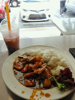 sweet & sour tofu and strawberry milk tea with soymilk at 107 Taste in Miami