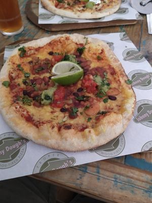 Five bean fajita pizza, vegan cheese no sour cream at Johnny Dough's at The Bridge in Conwy