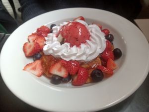 Strawberry and berry pancakes at Prana Cafe in Leicester