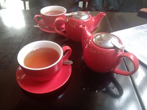 Pot of passion fruit tea and pot of rooibos tea at Prana Cafe in Leicester