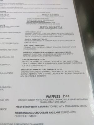 Brown rice bowl and waffle menu at Prana Cafe in Leicester