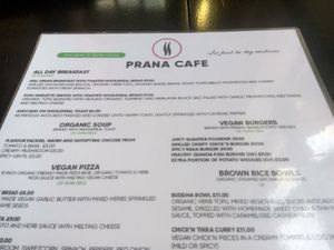 All-day breakfast, soup and burger menu at Prana Cafe in Leicester
