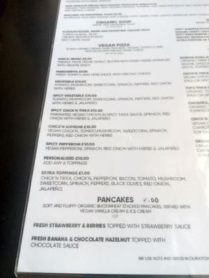 Pancakes and pizza menu at Prana Cafe in Leicester