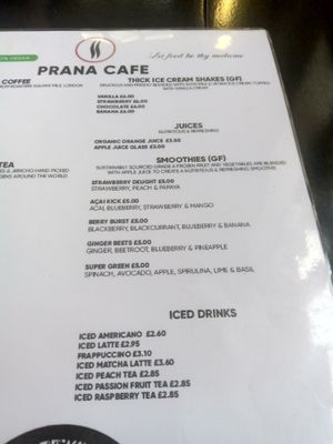 Ice cream shakes, juice, smoothie and iced drinks menu at Prana Cafe in Leicester