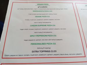 Pizza menu at Prana Cafe in Leicester