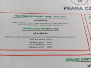 Cooked breakfast and toast menu at Prana Cafe in Leicester