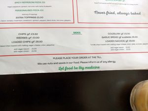 Sides menu at Prana Cafe in Leicester