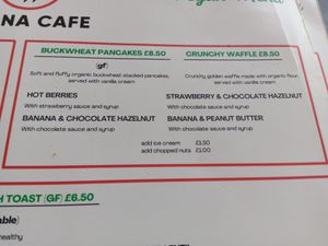 Pancake and waffle menu at Prana Cafe in Leicester