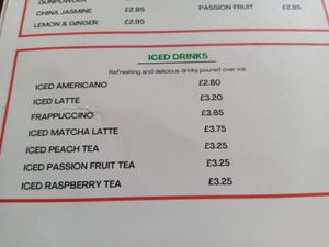 Iced drinks menu at Prana Cafe in Leicester