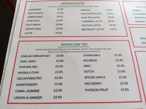 Coffee and tea menu at Prana Cafe in Leicester