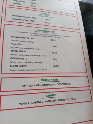 Smoothie menu at Prana Cafe in Leicester