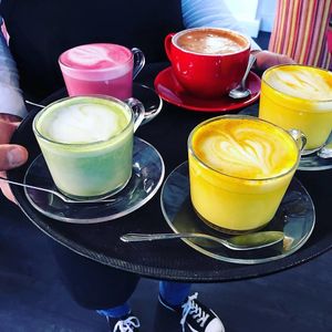 from FB: beetroot, matcha and turmeric lattes with oat milk. at Prana Cafe in Leicester