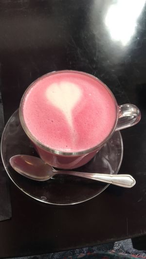 Almond milk beetroot latte at Prana Cafe in Leicester