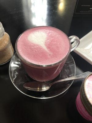 Almond milk beetroot latte at Prana Cafe in Leicester