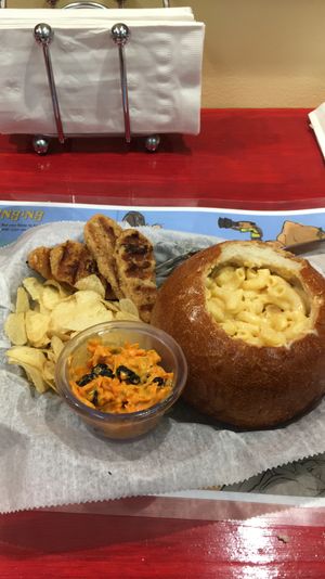 Vegan Mac & Cheese and Chicken Tenders with Carrot Salad at Bread Bowl Cafe in Milford