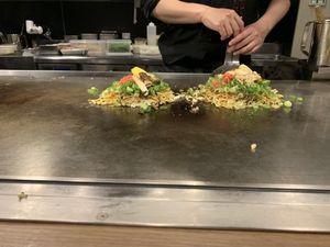 Making vegan okonomiyaki  at Kamehameha - かめはめは in Kyoto