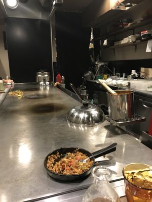 Rice-noodles dish (half eaten) + view from our seats at Kamehameha - かめはめは in Kyoto