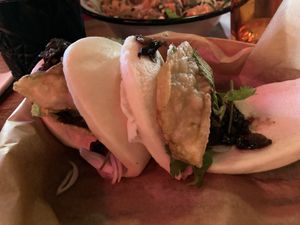 Vegan rice buns with mushrooms and eggplant  at Ca Phe Hanoi in Tel Aviv