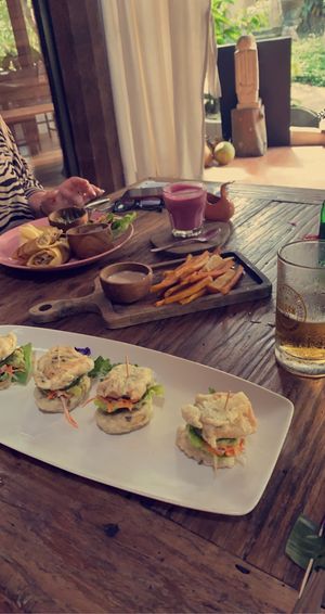 Smoked tofu buns and jackfruit burritos  at Swasti Beloved Cafe in Ubud