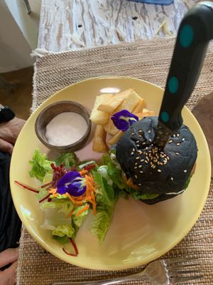 Vegan jackfruit burger cassava fries at Swasti Beloved Cafe in Ubud