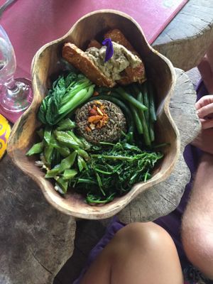 Pesto rice with greens, hummus and Tempe  at Swasti Beloved Cafe in Ubud