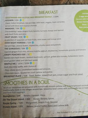 Menu at Swasti Beloved Cafe in Ubud