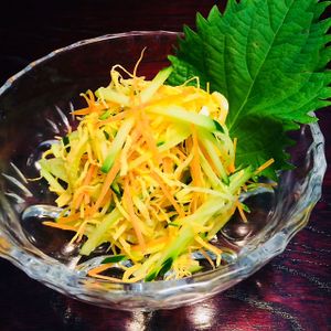 A combination of julienne cucumber, carrots and "golden thread egg" in a refreshing vinegar dressing at D'Vine Restaurant & Lounge in Nikko