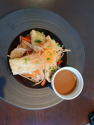 Fried tofu with vegetables and rice with peanut sauce at D'Vine Restaurant & Lounge in Nikko