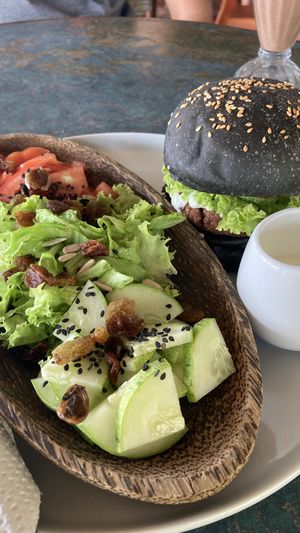 Mushroom patty burger  at Indiana vegan Cafe & Yoga in Langkawi