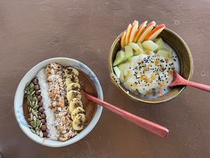 Choco smoothiebowl and homemade muesli with yoghurt and fruit  at Indiana vegan Cafe & Yoga in Langkawi