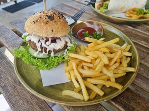 Meaty burger at Indiana vegan Cafe & Yoga in Langkawi