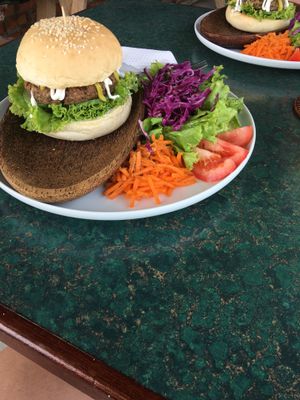Eggplant and bean paddy burger  at Indiana vegan Cafe & Yoga in Langkawi