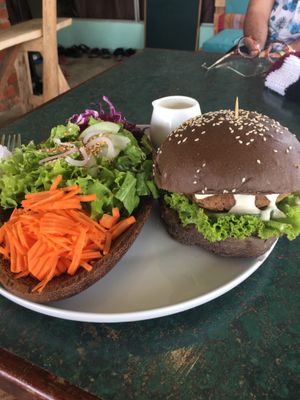 meaty burger at Indiana vegan Cafe & Yoga in Langkawi