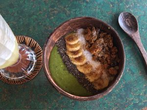 Green light smoothie bowl at Indiana vegan Cafe & Yoga in Langkawi
