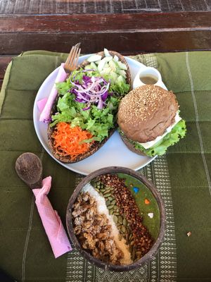 Bean burger & Green Smoothie bowl at Indiana vegan Cafe & Yoga in Langkawi