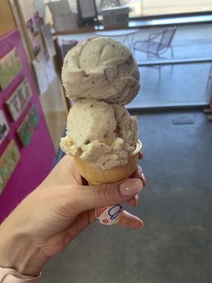 Dirty coffee and hunky monkey flavors, in a cone, keiki size  at Hawaiian Licks in Hilo