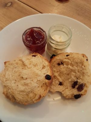Vegan fruit scone, jam & cream at Moments Cafe in Barnard Castle