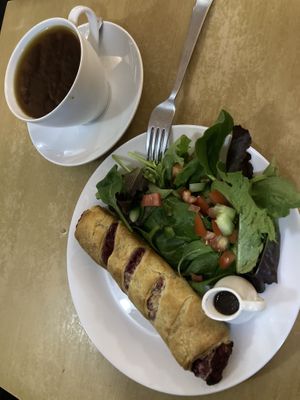 Vegan sausage roll and saladd  at Moments Cafe in Barnard Castle