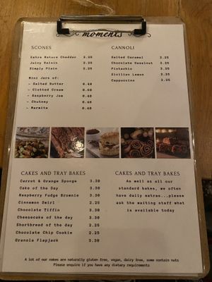 Dessert menu - always ask the staff to point what’s vegan as it changes  at Moments Cafe in Barnard Castle