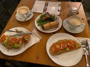 Oat lattes, vegan sausage roll, avo on toasts  at Moments Cafe in Barnard Castle